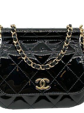 Chanel  Frame Clutch Flap With Chain Quilted Patent Leather Crossbody Bag Black